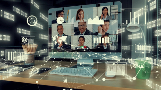金融的在线文档企业员工视频电话会议中商务人士的创意视觉营销数据分析和投资决策制定的数字技术概念企业员工视频电话会议中商务人士的创图片