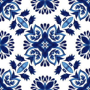 伊卡特蓝手和白绘制的瓷砖无缝抽象纹理Damask装饰水彩色涂料图案蓝和白手绘制的瓷砖无丝不动的光质抽象纹理式优的时尚图片