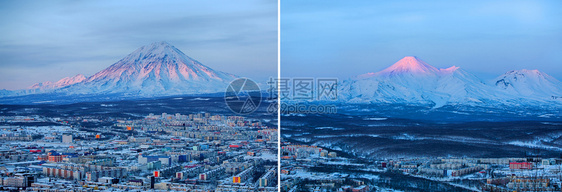 东方堪察加半岛彼得罗巴甫洛夫斯克市和科里亚斯基火山阿瓦查科泽尔斯基火山俄罗远东堪察加半岛火山的全景滑翔伞图片