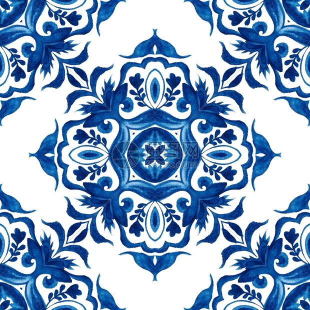 土耳其阿祖莱霍华丽无缝地中海瓷砖背景无缝型陶瓷设计葡萄牙陶瓷砖设计启发了无缝蓝色花岗水彩瓷砖和织物设计小插图图片
