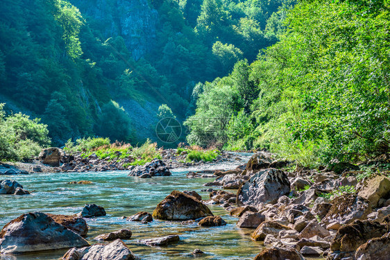 夏天流动的结石在阳光明媚的夏日里山中流淌河图片