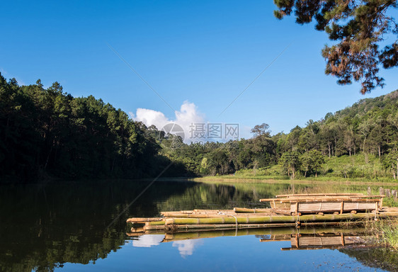 季节树云在松林山谷中用木筏的清静湖图片