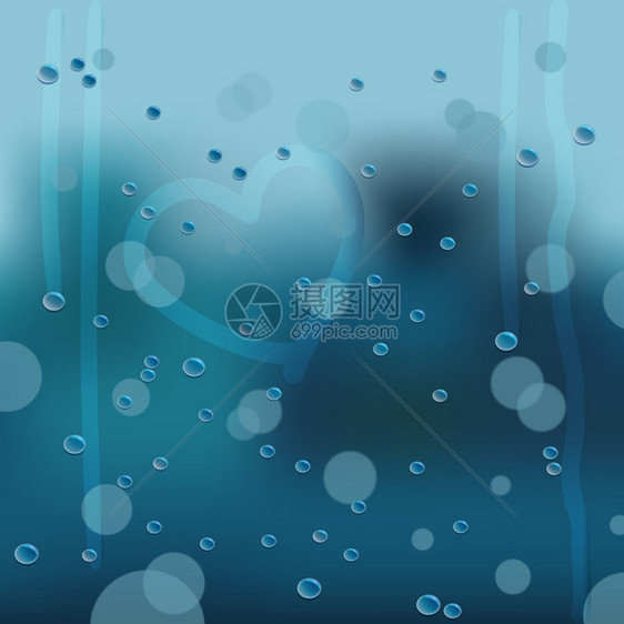 蓝色的自然方形插图海报横幅雨窗口模板上面有落滴手指涂彩心和空复制间文字上下滴心脏和复制空间的窗体颜色图片