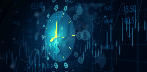 时间是货币商业金融思想投资和按时交易概念TimesNationsName时钟与美元图标在商业金融证券交易所屏幕显示中的亮点展兴趣图片