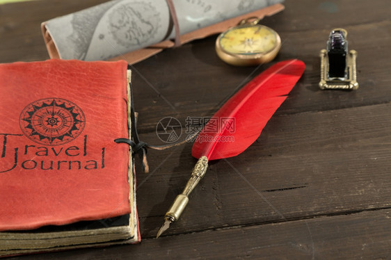 木头写旧日记上面满是旅行冒险和指南针图片