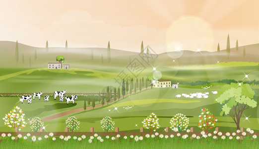 农村场景观绿田和农畜牛山羊绵和上风车蓝天云矢量卡通春或夏月地埃科村或土耳其的有机农业全景卡哇伊生态的图片