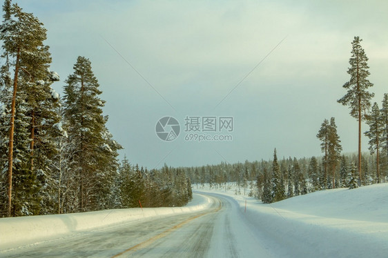 一种曲线树冬季芬兰WinterFinlandWooded山丘和许多空雪清的高速公路边上漂流着物北部阳光虚弱穿过Wooded山丘的图片