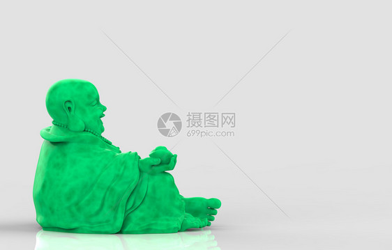 寺庙魅力东方的3d提供绿色宝石的侧面观点快乐笑着和尚布戴佛像在灰色背景上图片