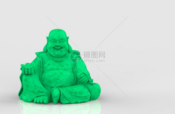 幸福3D让绿色宝石在灰背景上快乐地微笑着和尚的佛像坐东图片