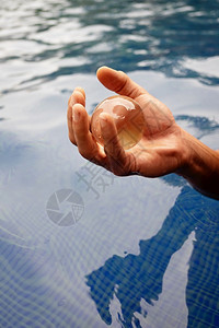 日出人手握着玻璃球在水面上生态阳光图片