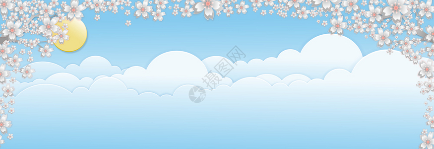 景观甜的边界蓝色天空上的纸质樱花色斑点蓝面有云彩或夏背景的横幅为矢量插图显示天线图片