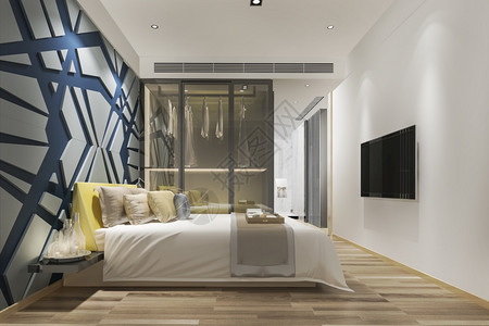 房间渲染公寓现代卧室套房电视机装有衣柜和横蓝色墙壁装饰图片