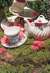 复制带有花瓣和老式瓷茶具的豪华奶油野餐派对场景优质的瓷器图片