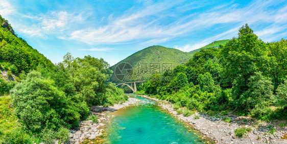 建造桥水黑山区的Tara河在阳光明媚的暑夏日山脉中的Tara河图片