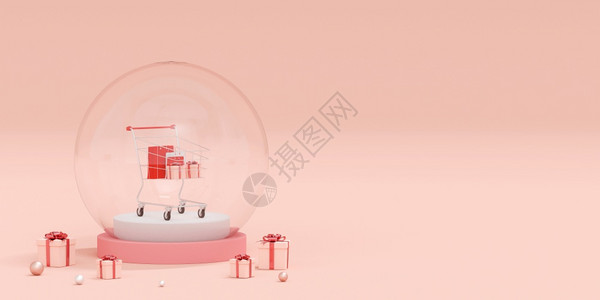 移动的网站设计购物袋和礼品的广告横幅背景以及粉红色背景在水晶全球3D投影上与购物车一起买的礼物应用商业图片