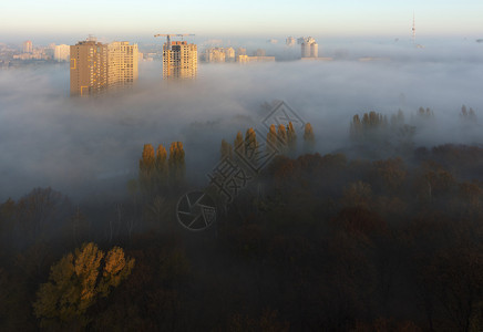 阳光下的晨城景观被浓的秋雾包围有多路段轮廓图片