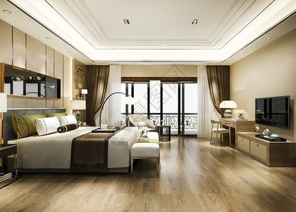 闲暇渲染3d提供豪华卧室套房度假村高楼酒店和工作桌在职的图片