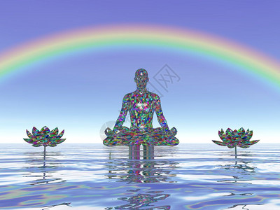 禅松弛彩虹下和平人的多彩冥想3D渲染彩虹下的多冥想渲染活力图片