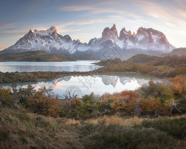 徒步旅行上午智利Pehoe湖和Cuernos峰TorresdelPaine公园自然图片