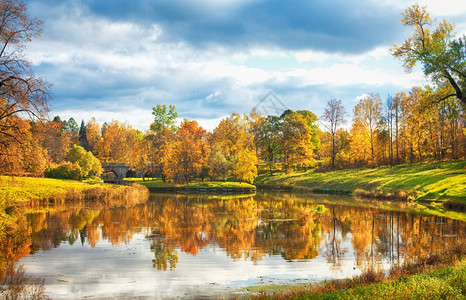 秋天公园风景有河流和蓝天空色的景观明亮图片