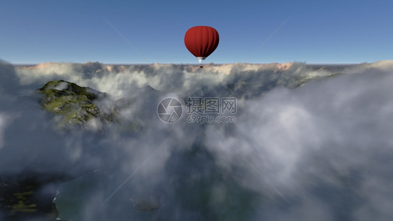 天际线制作3D软件成的红色热气球以蓝天空对抗户外图片