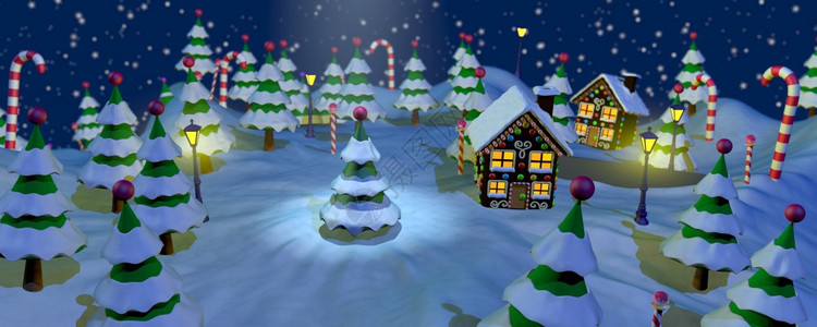 夜间景象一个小城镇公园中央有圣诞树周围环绕着雪覆盖的树木巧克力屋和糖果棒星空景观和蓝光3D说明夜观一个小城镇公园里有一棵圣诞树四图片