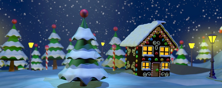 白雪皑森林夜间景象一个小城镇公园中央有圣诞树周围环绕着雪覆盖的树木巧克力屋和糖果棒星空景观和蓝光3D说明夜观一个小城镇公园里有一图片