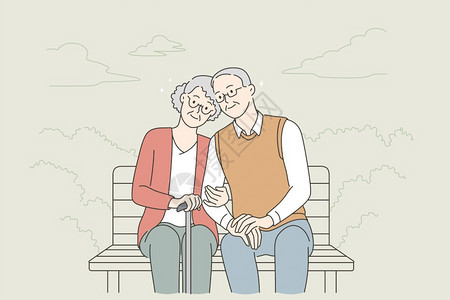 家庭男人快乐的老年生活方式概念Smmiling老年成熟夫妇在公园放松坐长凳上手握享受户外休闲时间矢量插图快乐的老年人生活方式概念图片