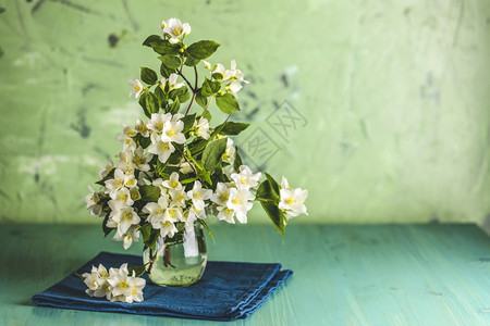 花瓣美丽的茉莉束放在浅绿色的木桌地表板上假日贺卡并抄写香料文本给你味气图片