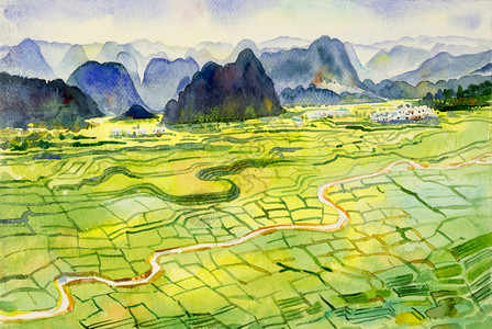 丰富多彩的亚洲观点原始的乡村山丘玉米田和草原农村水彩色风景图画用纸张天空云背景美丽自然春季节来画绘明亮的农场图片