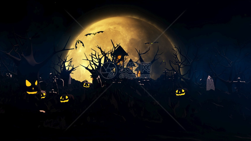 夜晚万圣节背景与闹鬼屋魂蝙蝠和南瓜在迷雾的夜里惊吓天空中奇幻的大月亮3D翻腾黑暗的插图图片