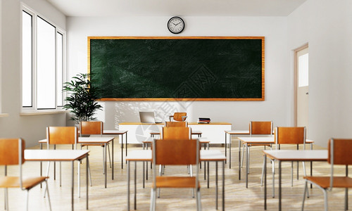 学院空的白色教室背景绿黑纸板桌和木制地教育上的座位返回学校概念建筑内地社会偏移主题3D插图显示Namei疏远地面图片