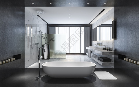 卫生间白天3d提供现代黑石浴室配有豪华瓷砖装饰器窗外的自然景色良好放松图片