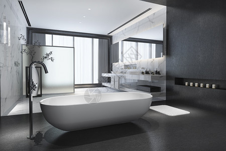 3d提供现代黑石浴室配有豪华瓷砖装饰器窗外的自然景色良好洗手间黑色的图片