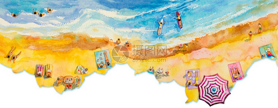 夏季多色雨伞海浪蓝底背景画和广告报插图的绘画展示了家庭度假和旅游的色彩丰富多全景绘制了贴有广告海报插图的景画日光浴冲浪最佳图片
