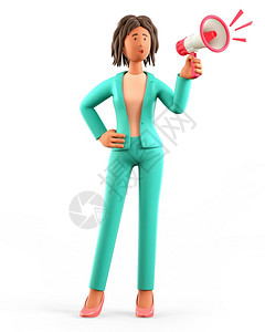 以3D为例非洲女大喊叫她举着一位讲演者Cute漫画的绿西装女商人在白业概念上孤立的扬声器宣布经理喇叭扩音器图片