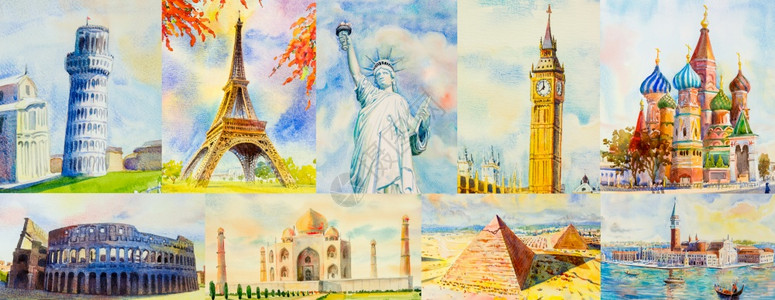 天空世界各地的旅行和观光景象世界著名的地标将水彩画手与旅游业的纸上绘画图合在一起美国建筑学图片