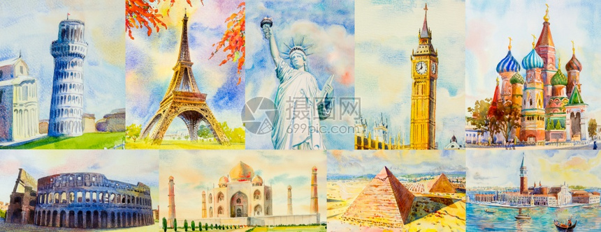 天空世界各地的旅行和观光景象世界著名的地标将水彩画手与旅游业的纸上绘画图合在一起美国建筑学图片