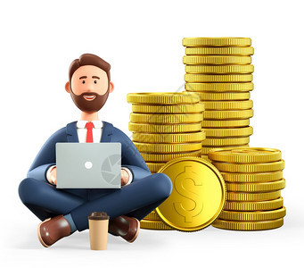 商业3D举个例子用笔记本电脑和一大批金币坐着的胡须男子微笑着的卡通商人成功的瑜伽莲花投资人以及巨额金储蓄概念硬币大胡子图片