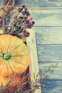 自然秋季橙南瓜干鲜花和草的顶端景象盒式感恩背景蓝铁制木板桌带回秋季收成情调空间模板十月木制的图片