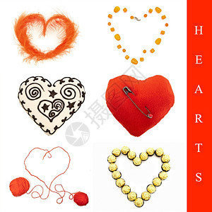 情人节设置于白上六个不同的心脏形状珠宝红色的图片