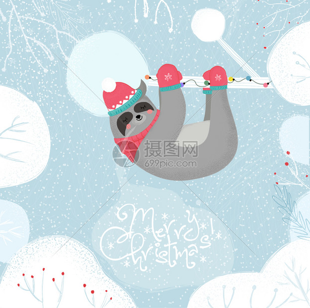 可爱有趣的树懒在针织帽子和围巾睡觉挂在树枝上的冬天白雪皑背景圣诞快乐贺卡哇伊动物圣诞有趣卡通平面矢量斯堪的纳维亚插图圣诞贺卡与树图片