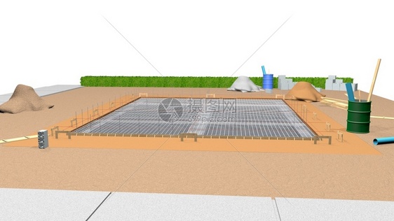 3D平地上一座正在建造的房屋根基金属结构图示说明该建筑学现代的厄瓜多尔图片