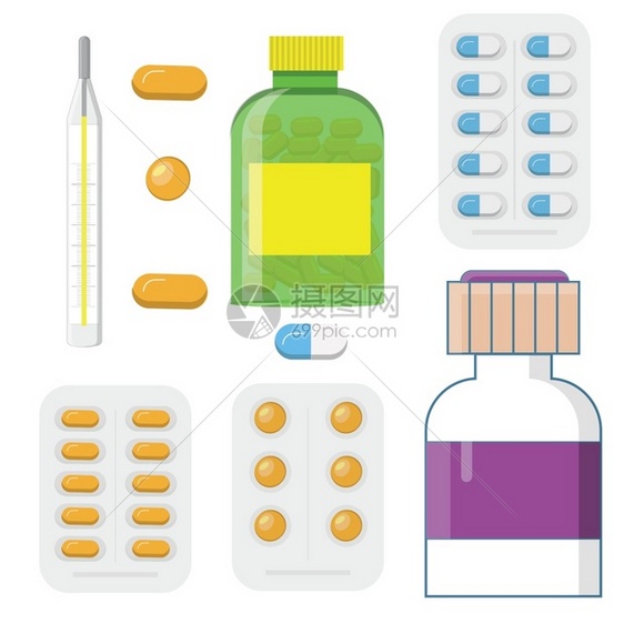 58皮卡行业装有标签和药片品胶囊维他命塞效素温度计平式病媒说明的一套药瓶片剂图片