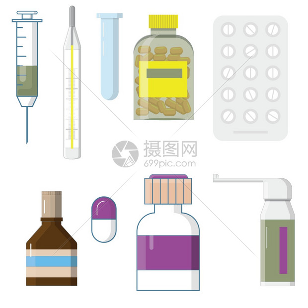 行业丸装有标签和药片品胶囊维他命塞效素温度计平式病媒说明的一套药瓶液体图片