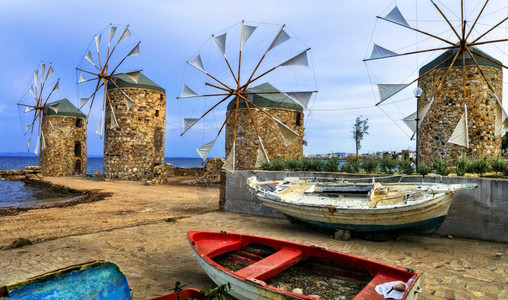 超过风景希腊传统系列Chios岛海上的旧风力车浪漫图片