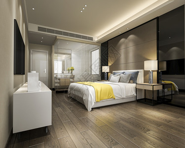 建筑学住宅3d提供现代豪华黄色卧室套房和浴枕头图片