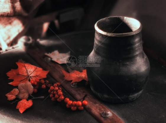 乡村的吸附经典秋天黑暗静止生命有罐子橙叶和浆选择焦点软模糊的过滤器图片