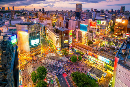 从日本东京黄昏时的顶端观点横渡风景优美商业的图片