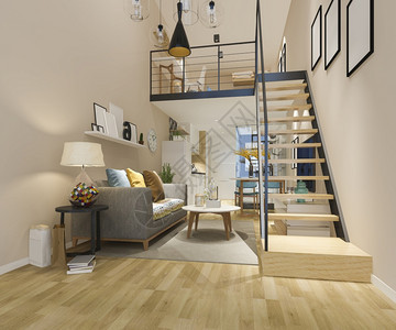 内部的沙发植物3d在上楼卧室附近建造白木客厅图片